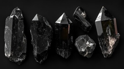 Aufkleber - A stunning collection of black obsidian crystals in various shapes and textures, isolated against a black background, highlighting their unique beauty and elegance.