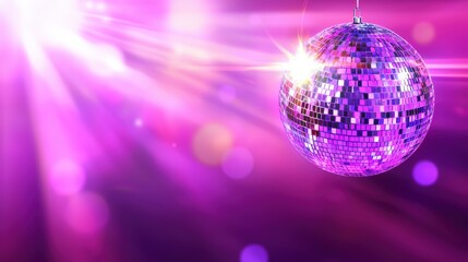 Poster - A sparkling disco ball hangs against a vibrant purple background, reflecting light and creating a festive atmosphere perfect for dancing.