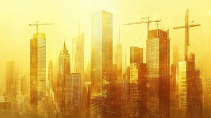 Poster - A stunning golden cityscape featuring tall skyscrapers, construction cranes, and fine details, symbolizing luxury, progress, and ambition in modern architecture.