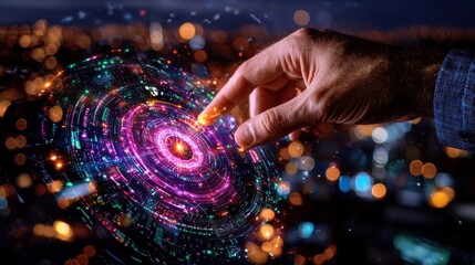 Fototapete - Futuristic holographic sphere with glowing dynamic elements being controlled by a human hand gesture in a cosmic otherworldly setting  Showcasing innovation technology and of the digital frontier