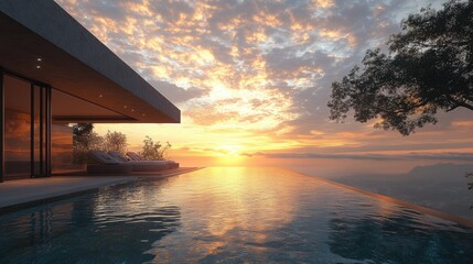 Poster - A stunning sunset view from a luxurious modern residence with an infinity pool, capturing the seamless integration of water and sky in a peaceful and elegant setting