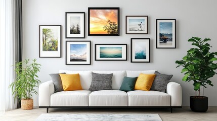 Poster - A stylish mockup of a photo frame gallery wall with various frame sizes and orientations in a modern living room, perfect for showcasing artwork.