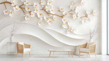 Poster - Tranquil and serene minimalist modern living room interior with natural wood furniture sleek design and elegant floral wall decor creating a calming and inviting atmosphere
