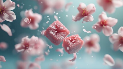Poster - A surreal and artistic scene of wagashi floating in mid-air, resembling delicate cherry blossoms in the wind, evoking a sense of beauty and tradition.
