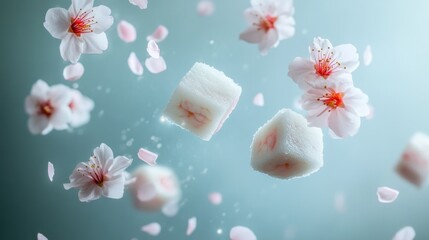Poster - A surreal and artistic scene of wagashi floating in mid-air, resembling delicate cherry blossoms in the wind, evoking a sense of beauty and tradition.