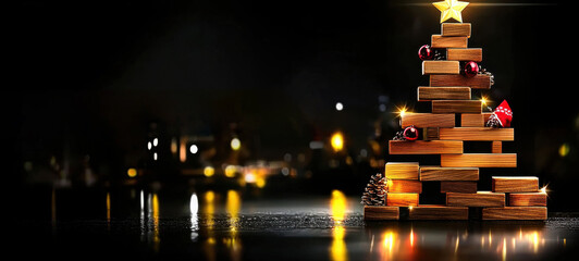 Poster - Festive Christmas tree standing tall under a dark night sky illuminated with warm glowing lights that create a beautiful bokeh effect  The serene