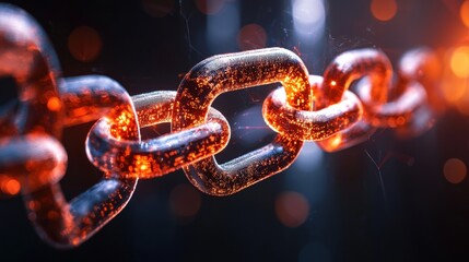 Poster - Glowing metallic chains interlinked in a vibrant out of focus background with bright sparks and a sense of energy and technology  The image conveys a concept of connectivity power and engineering
