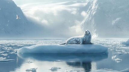 Wall Mural - A seal is relaxing on a snowy ice floe with mountains