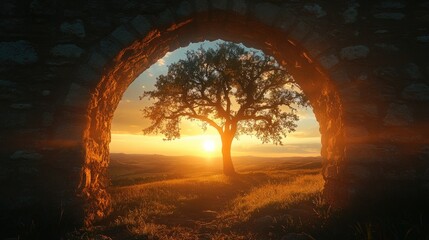 Poster - A tranquil sunset, where the silhouette of a lone tree is seen through the ancient stone archway, casting long shadows against the glowing sky.