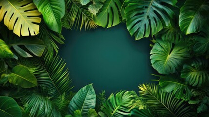 Poster - A tropical leaf border surrounds a blank rectangular space, providing the perfect frame for product displays or branding designs in a vibrant, natural setting.
