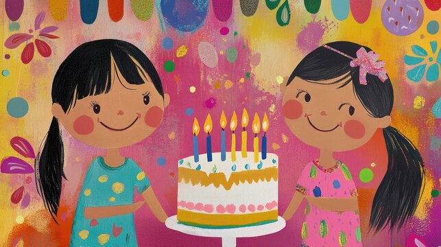 A vibrant birthday card with two cheerful girls, a birthday cake with candles, and joyful decorations that convey the excitement of a young girl's celebration.