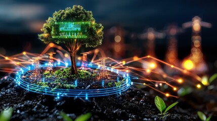 Poster - Glowing enchanted tree surrounded by luminous lights and an ethereal dreamlike atmosphere in a captivating digital garden landscape  The scene evokes a sense of magic wonder and tranquility