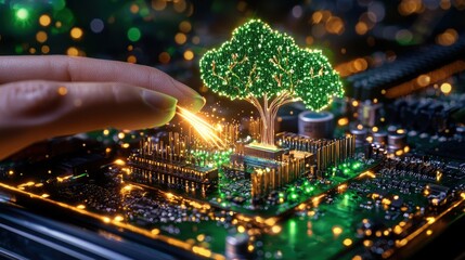 Poster - futuristic digital city landscape with a glowing green tree of life as the central focus surrounded 