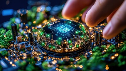 Poster - futuristic microchip landscape with glowing circuits digital connections and cosmic elements represe