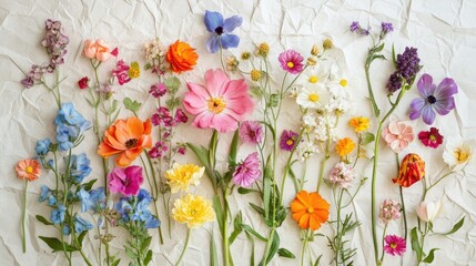 Poster - A vibrant mix of spring flowers arranged on a delicate paper background, perfect for capturing the essence of nature's beauty.