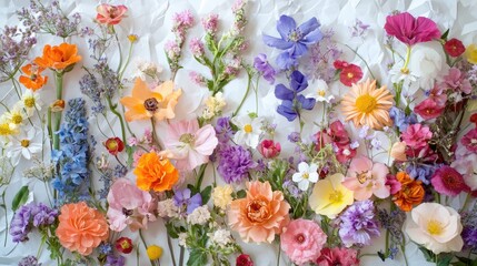 Poster - A vibrant mix of spring flowers arranged on a delicate paper background, perfect for capturing the essence of nature's beauty.
