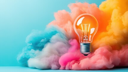 Poster - Glowing lightbulb surrounded by a vibrant cloud of colorful smoke representing the process of innovative thinking and problem solving  This abstract conceptual image symbolizes the spark of new ideas