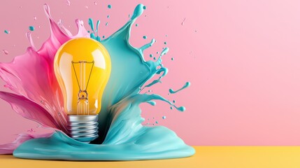 Poster - The image depicts a vibrant and dynamic splash of colorful paint surrounding a glowing lightbulb symbolizing the spark of innovation creative ideas