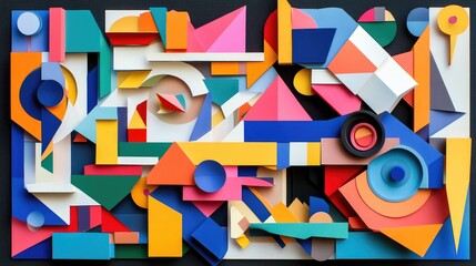 Poster - A visually dynamic layout of colorful paper cutouts in various geometric shapes, ideal for creative art projects and photo collage compositions.