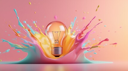 Poster - A surreal and dynamic digital depicting a lightbulb bursting forth in a vibrant explosion of color representing the spark of solutions and the vast potential of creative thinking