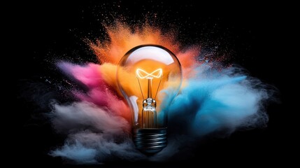 Poster - Glowing light bulb surrounded by a colorful and dynamic smoke explosion representing the concept of creativity innovation ingenuity and intellectual breakthrough