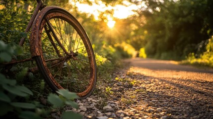 Aufkleber - A weathered bicycle wheel, rusty and abandoned on a gravel path, surrounded by greenery and bathed in the warm, golden light of the late afternoon.