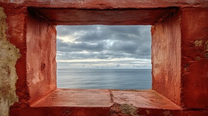 Poster - A weathered red stone window frame showcasing a glimpse of the expansive ocean, with the sky above painted in soft, muted tones of a cloudy day.