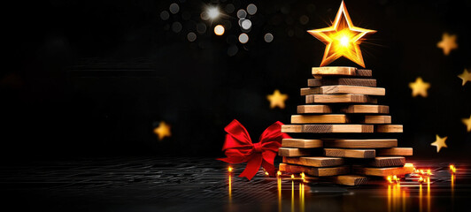 Poster - Elegant and Glowing Golden Christmas Tree with Shining Star Ornament on Dark Background  Festive Holiday with Sparkling Lights and Glitter