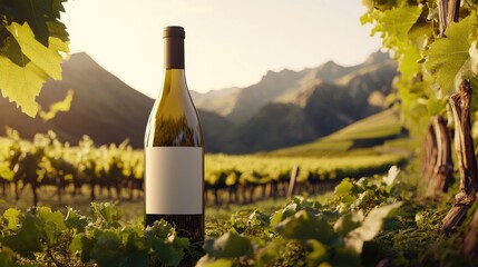 Poster - A wine bottle mockup placed in front of a lush vineyard landscape under the daylight, creating an ideal image for wine branding and marketing.