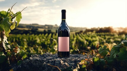Poster - A wine bottle mockup placed in front of a lush vineyard landscape under the daylight, creating an ideal image for wine branding and marketing.