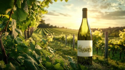 Poster - A wine bottle mockup positioned in front of a lush, green vineyard, with daylight illuminating the scene, perfect for wine packaging or branding photoshoots.