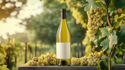 Poster - A wine bottle mockup positioned in front of a lush, green vineyard, with daylight illuminating the scene, perfect for wine packaging or branding photoshoots.