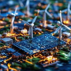 Poster - intricate futuristic circuit board with wind turbines glowing in the night a dynamic and surreal ima