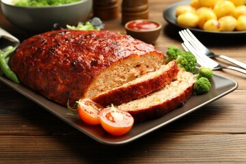 Wall Mural - Delicious turkey meatloaf with vegetables served on wooden table, closeup