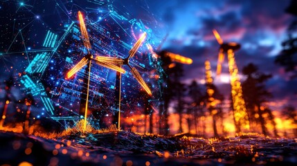 Poster - futuristic and innovative glowing wind turbines standing tall in a vibrant illuminated cityscape at 