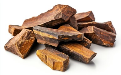 Poster - Natural wood pieces arranged artistically on a clean background, showcasing their rich texture and vibrant colors for use in various creative projects