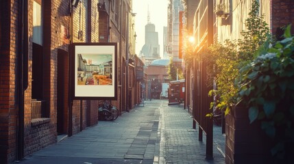 Poster - An outdoor mockup of a poster displayed on a brick wall in a lively city setting, perfect for creative advertising and showcasing designs.