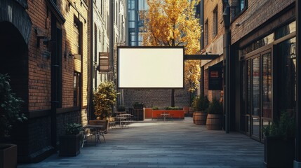 Poster - An outdoor mockup of a poster displayed on a brick wall in a lively city setting, perfect for creative advertising and showcasing designs.