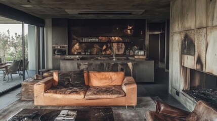 Poster - Charred furniture and blackened walls mark the aftermath of a devastating fire in this modern open-plan living room and kitchen.