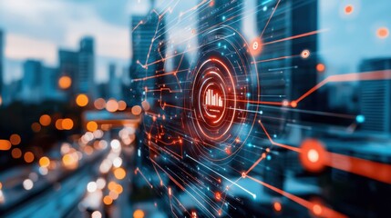 Poster - Futuristic holographic interface with data visualization and analytical charts in the backdrop of a modern urban skyline  Concept of intelligence digital transformation