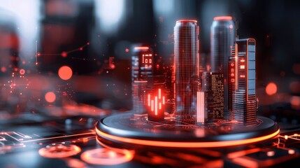 Poster - Futuristic illuminated cityscape with skyscrapers digital infographics and holographic financial data visualizations showcasing the innovation and dynamism of a modern technologically advanced city