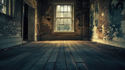 Poster - Dark wooden floorboards with exposed brick walls and dim lighting create an eerie atmosphere in an abandoned mansion, with mouldy walls adding to the sense of decay.