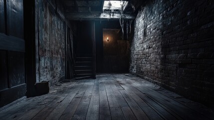 Poster - Dark wooden floorboards with exposed brick walls and dim lighting create an eerie atmosphere in an abandoned mansion, with mouldy walls adding to the sense of decay.