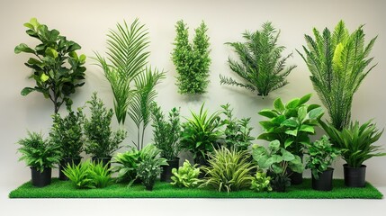 Poster - Diverse artificial plants and grass panels arranged for design projects, showcasing various types of greenery in realistic textures and vibrant colors.