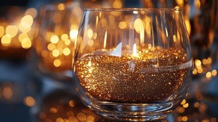 Poster - Gold glitter swirls in a clear glass vase, reflecting light and creating a shiny, decorative piece that adds charm and luxury to an elegant setting.