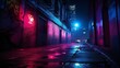 © MuhammadFarooq - Neon lit brick texture with red and blue accents, urban nightlife vibes, intense neon lighting, street art background, wallpaper