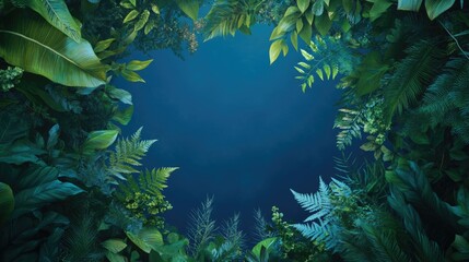 Poster - Lush green foliage intertwines to form a natural frame, set against a deep blue backdrop, evoking a sense of mystery and the allure of the unknown.