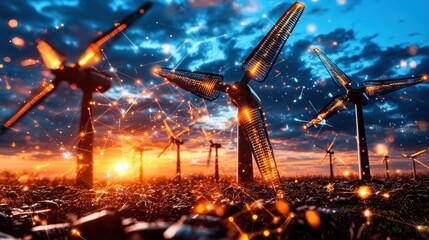 Poster - dramatic sunset or sunrise silhouettes of towering wind turbines renewable energy technology in moti