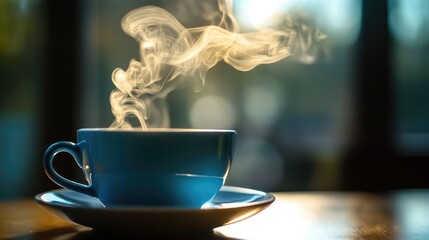 Poster - Smoke curls above a steaming cup of coffee, evoking the rich aroma and warmth of the beverage in a serene and cozy setting