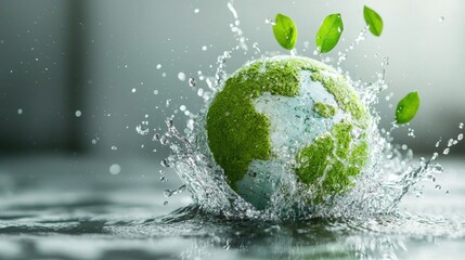 Poster - conceptual of a green environmental themed globe with splashing water and fresh green leaves symboli